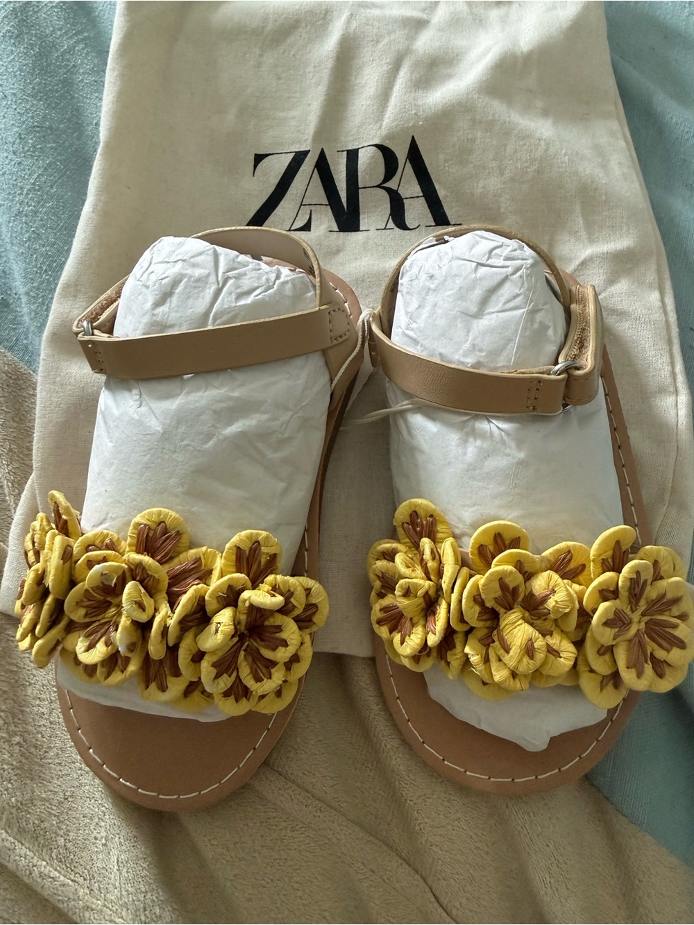 ZARA Yellow Floral Appliqué Sandals with Tan Ankle Strap
